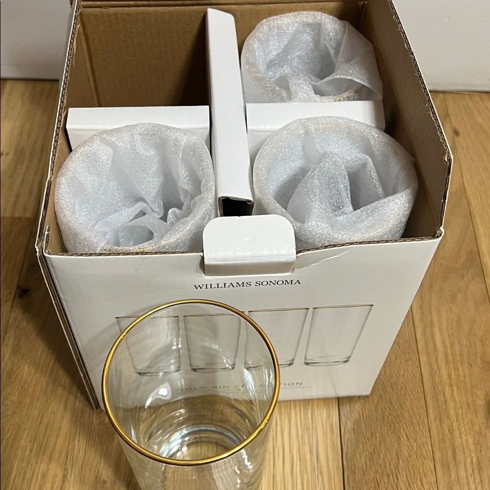NEW Williams Sonoma Clear Highball Glasses with 24k Gold Rim detail, Set of 4